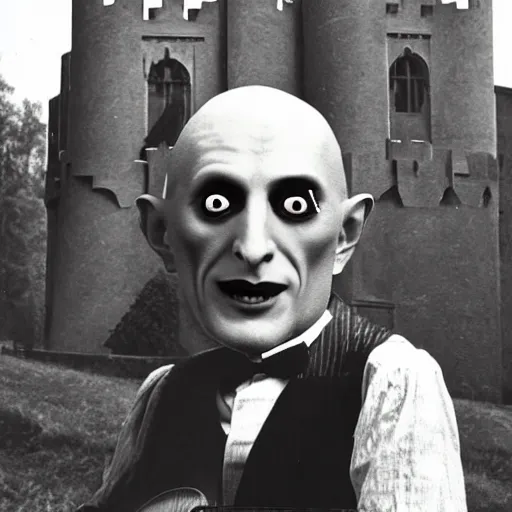 Image similar to vintage photograph of count orlok outside his castle, playing the blues on guitar, castle in the background, 4 k