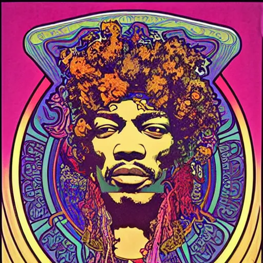 Image similar to jimi hendrix by alphonse mucha and moebius, psychadelic