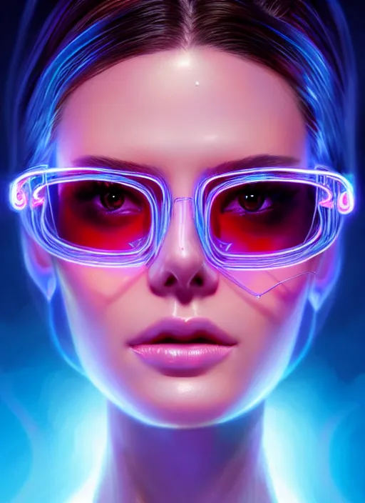 Image similar to portrait of female humanoid in transparent eyewear, intricate, elegant, cyber neon lights, highly detailed, digital photography, artstation, glamor pose, concept art, smooth, sharp focus, art by artgerm and greg rutkowski