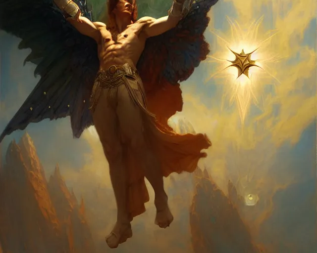 Image similar to attractive male deity, casting demonic magic, summoning handsome lucifer morning star. highly detailed painting by gaston bussiere, craig mullins, j. c. leyendecker 8 k