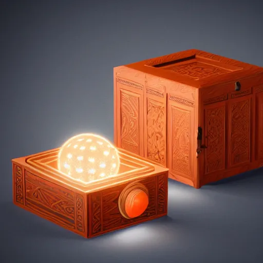 Prompt: a small arabesque carved wooden box with the lid open displaying a magic orange glowing orb inside. the box is sitting on a wooden tabel top with paper and magazines surrounding the box, hyper detail, dramatic lighting, octane render, unreal engine