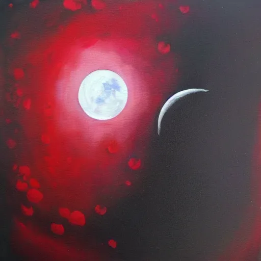 Image similar to rain, moon, knight and princess, oil painting, red and black, bloom, detailed, coherent like dalle 2