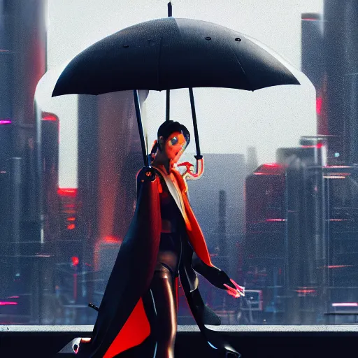 Image similar to a picture of a woman holding an umbrella in the rain, futuristic city, cyberpunk art by fyodor vasilyev, zbrush central contest winner, cubo - futurism, synthwave, darksynth, retrowave