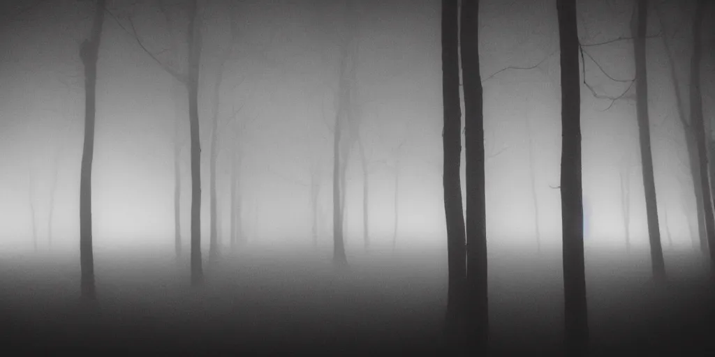 Image similar to dark room without walls, only floor and ceiling are disappearing in fog, dystopian scenery, fear and horror, black and white photo