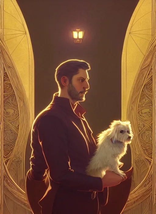 Prompt: an adult man stands with a pet at the door, a dark room, side profile centered portrait, by artgerm, cushart krenz, greg rutkowski, storyboard, mucha. art nouveau. gloomhaven, swirly vibrant ripples, gaudy colors, sharp edges. ultra clear detailed. 8 k. elegant, intricate, octane render