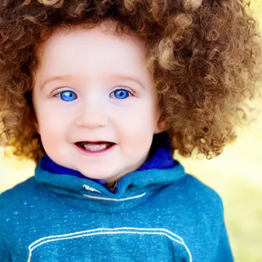 Prompt: Beautiful happy toddler, sunken dark blue eyes, short golden curls