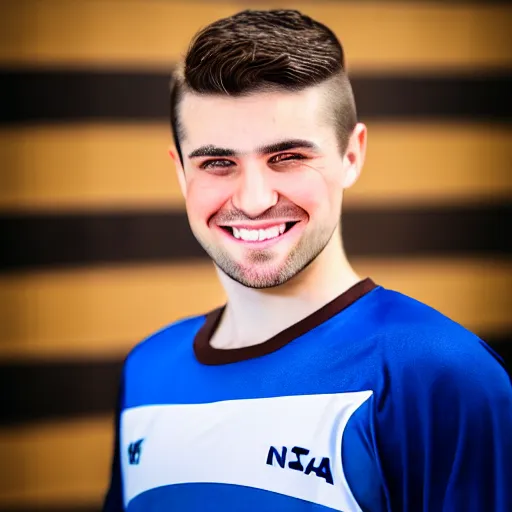 Image similar to a portrait of a young Caucasian man smiling with short brown hair that sticks up in the front, blue eyes, groomed eyebrows, tapered hairline, sharp jawline, wearing a volleyball jersey, sigma 85mm f/1.4, 15mm, 35mm, 4k, high resolution, 4k, 8k, hd, highly detailed, full color, Kodak Kodachrome Film