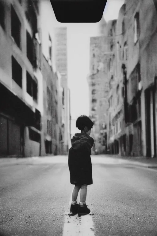 Prompt: polaroid photo of sad and lonely child in the middle of an empty street in a big city, tecnica collodio umido, photorealistic, 35mm film, lens 85mm, f2.8, black and white, polaroid, view camera.