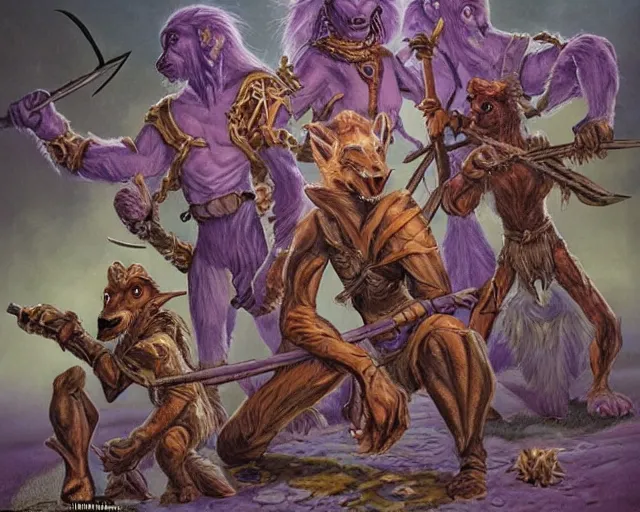 Prompt: Fantasy illustration by Clyde Caldwell - The pack of kobolds is crouched in a circle. They are snivelling canid humanoids, with scales of rust, and they carry spears. Their leader, a matronly female with numerous tattoos, kneels in the center of the circle and gathers the pulsing purple moss. She has a spear, but it lies across her lap. The kobolds chatter to one another, and you hear the word “food” uttered more than once.