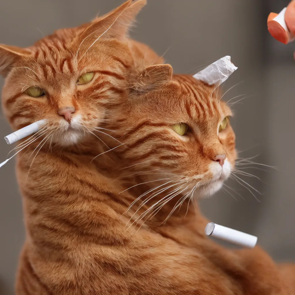 Prompt: a red tabby cat smoking a cigarette