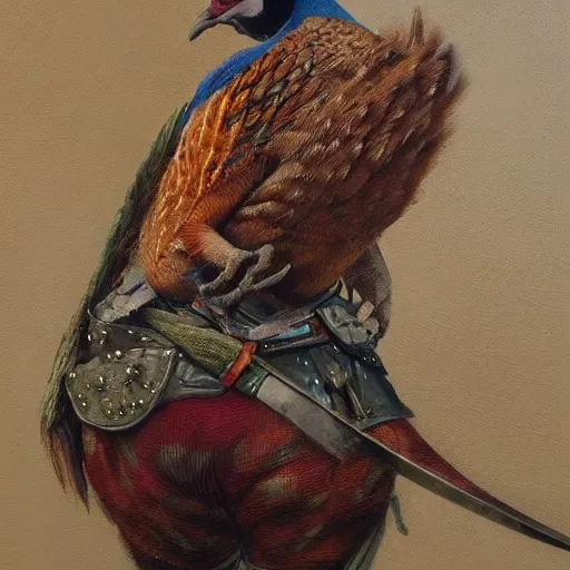 Prompt: Pheasant with sword on the belt, by lily seika jones , rivuletpaper art, very detailed, oil painting, harsh fairy tale, soft style, hyperrealism, beautiful, high resolution, trending on artstation, steps 50