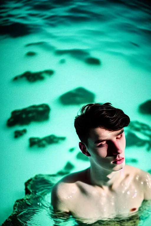 Image similar to high quality pastel coloured film mid angle docu photograph of a beautiful young 2 0 year old male, soft features, short black hair, swimming, submerging in an icelandic black rock pool environment. atmospheric. three point light. photographic. art directed. ( pastel colours ). volumetric light. clearcoat. waves glitch. 8 k. filmic.