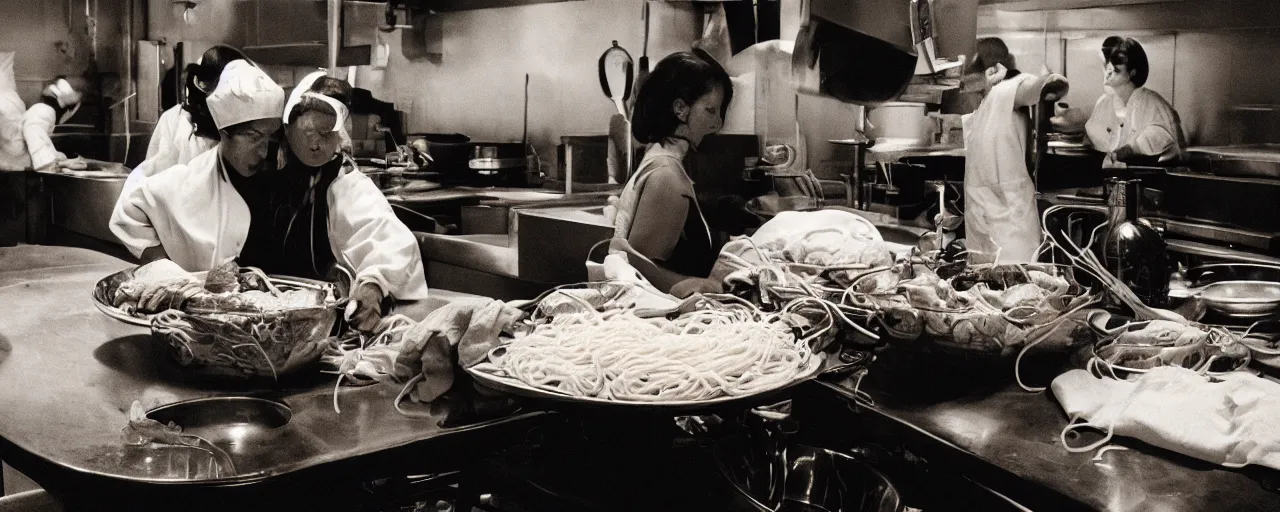 Image similar to a woman giving birth on a pile of spaghetti, chefs in the background, canon 5 0 mm, cinematic lighting, photography, retro, film, kodachrome
