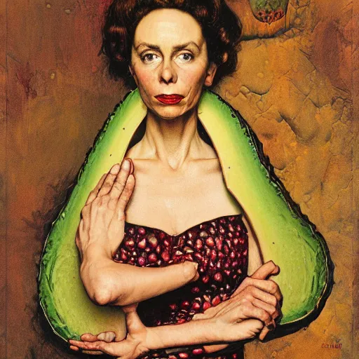 Prompt: frontal portrait of the queen of the avocado Kingdom, by Norman Rockwell and Gerald Brom