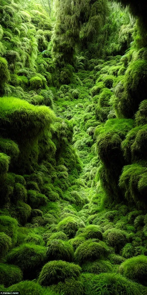 Image similar to a fertile, lush mossy canyon, ferns, minimalist structure, covered in ice, in the style of reuben wu, roger deakins