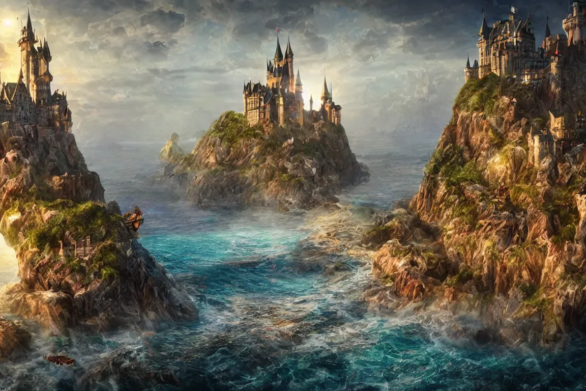 Prompt: an epic fantastic realism painting of a castle city being devoured by the ocean's beasts, 8 k, ultra realistic, lens flare, atmosphere, glow, detailed, intricate, full of colour, cinematic lighting, trending on artstation, 4 k, hyperrealistic, focused, extreme details, unreal engine 5, cinematic, masterpiece