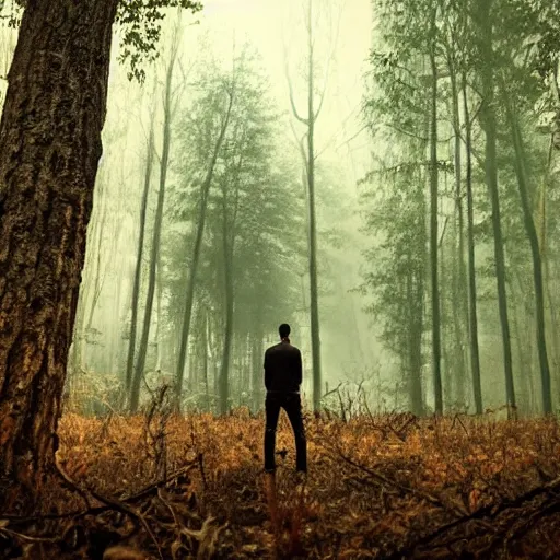 Image similar to a man looking in the forest to see an oversized terrifying creature