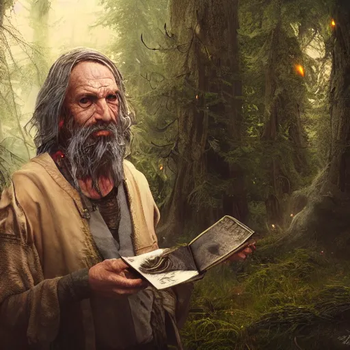 Prompt: realistic a human hobo druid with nature magic around, fantasy book, d & d, high detail, 8 k, octane render painting, dark fantasy