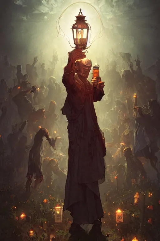 Image similar to cleric holding a lantern in a cemetery surrounded by zombies, highly detailed, digital painting, artstation, concept art, smooth, sharp focus, illustration, art by artgerm and greg rutkowski and alphonse mucha and andrei riabovitchev