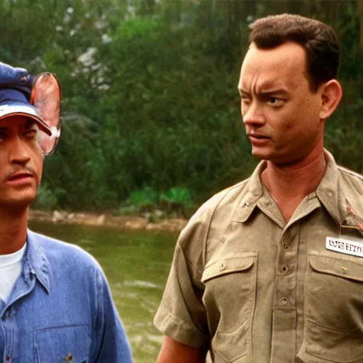 Image similar to Tom Hanks as forrest gump has giant shrimp heads instead of hands, hyper realistic, 8k resolution, amazing detail