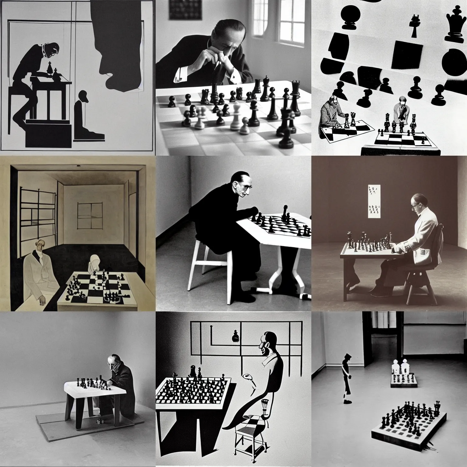 Prompt: Marcel Duchamp playing chess against a machine in a vast white empty room