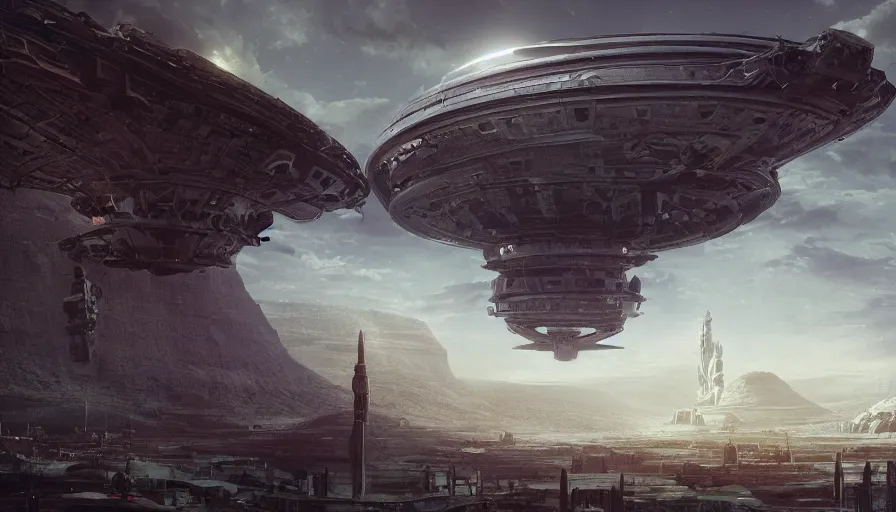 Image similar to a giant alien ufo high tech spaceship eerily hovering on nineveh on mesopotamia city landscape with beautiful shrines by greg rutkowski, artgerm, ross tran, magali villeneuve, intricate, time travel theme, audince in awe, spectacle, audience sorrounding, award winning, octane render, masterpiece, 8 k, beautiful