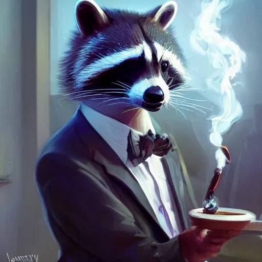 Image similar to a racoon wearing a suit smoking a cigar, dramatic lighting, cinematic, establishing shot, extremly high detail, photorealistic, cinematic lighting, artstation, style by James Gurney