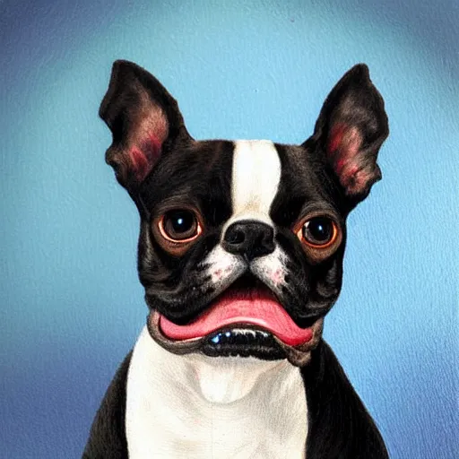 Prompt: angelica kauffman style of a highly detailed realistic portrait oil painting of a cute and cuddly boston terrier portrait posing with blue eyes, with a beautiful face smiling showing his teeth, with a gothic style background, very very very very very very very very very very very very beautiful painting