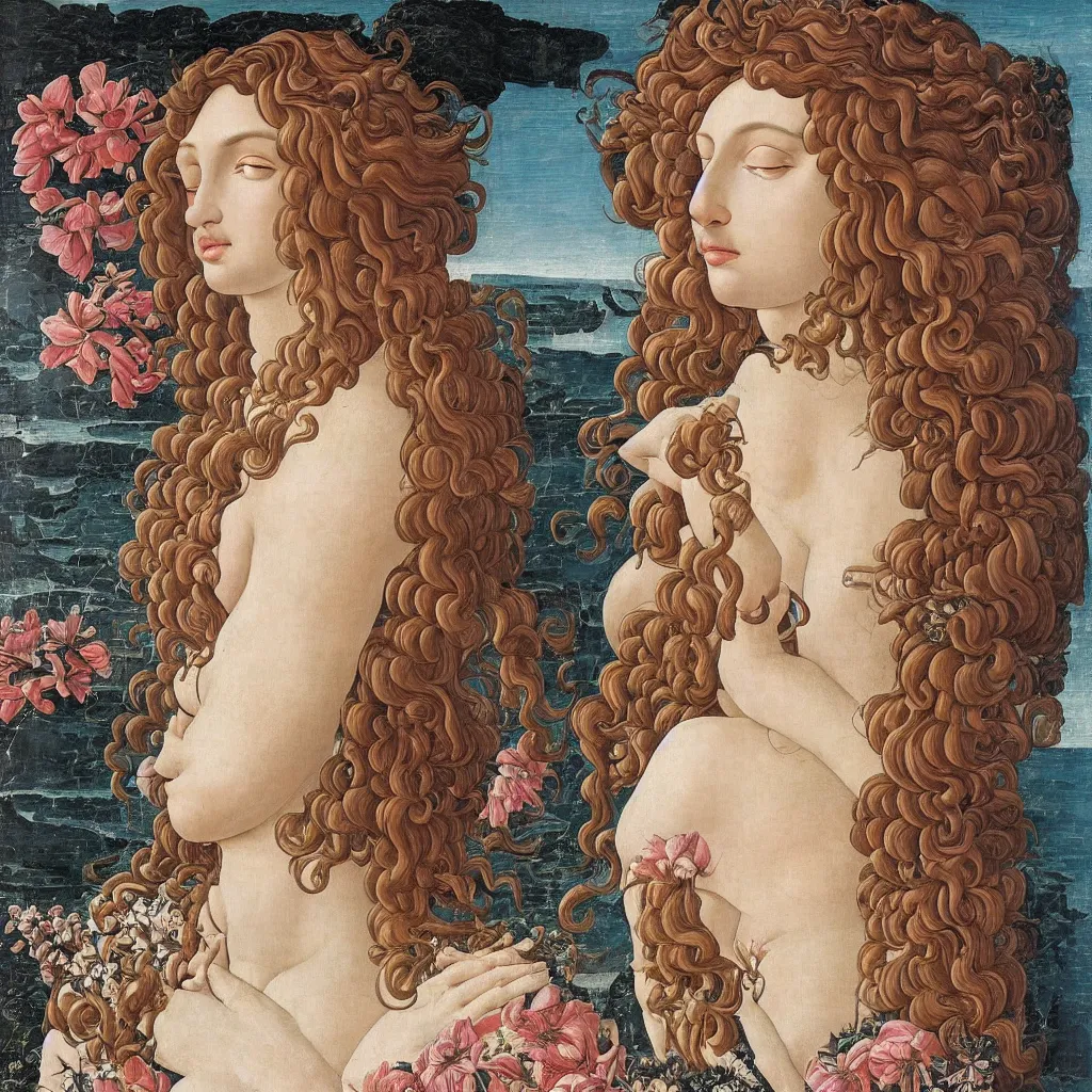 Image similar to an hyperrealistic mythological oil painting of a beautiful woman with long curly brown hair, full body, wearing floral chiton, sleeping in a giant scallop shell near the seashore, intricate, elegant, renaissance style, by sandro botticelli