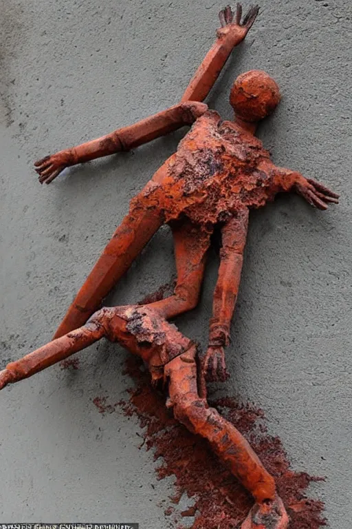 Prompt: a beautiful rust sculpture by christophe charbonnel of a cosmonaut falling into the abyss
