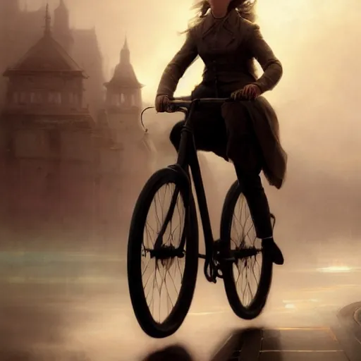 Prompt: cinematic shot epic portrait emma watson riding a bicycle in the streets, atmospheric, cloudy, broad light, ambient occlusion, volumetric light effect, made by ivan aivazovsky, peter mohrbacher, greg rutkowski, ross tran, matte painting, trending on artstation, 4 k, perfectly defined features, digital painting, cinematic, epic, highly detailed,