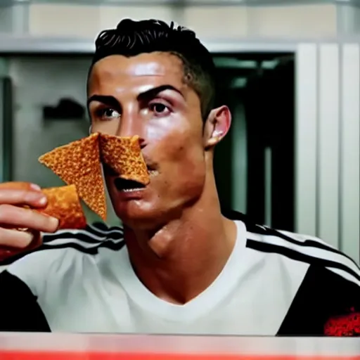 Image similar to cristiano ronaldo eating from doritos in the toilet, cinematic composition, 4 k, movie still