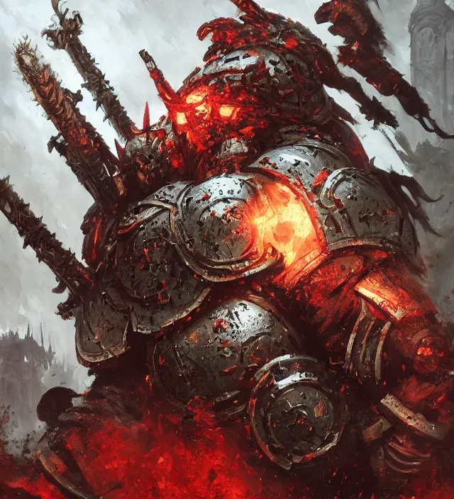 Image similar to battle scene portrait of armored heroes warhammer 4 0 k fight war fighting nurgle warrior, cesede, the chaos god of plague and decay, red chaos knight with cathedrals and columns, pestilence, champion, emperor, abbeys, elegant concept art by ruan jia