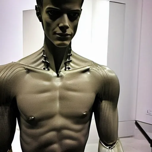 Image similar to “a realistic detailed photo of a guy who is an attractive humanoid who is half robot and half humanoid, who is a male android, actor Grant Gustin, shiny skin, posing like a statue, blank stare, at the museum, on display”