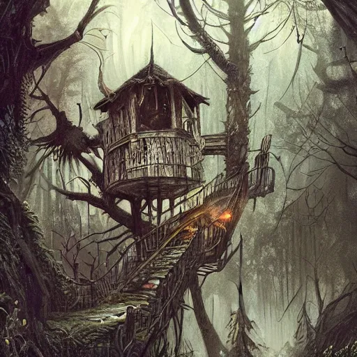 Prompt: dilapidated broken down treehouse, tucked within the witchwood forest, evil fairies, overgrown, detailed intricate ink illustration, dark atmosphere, detailed illustration, hd, 4k, digital art, overdetailed art, concept art, by greg rutkowski, by loish, complementing colors, Trending on artstation, deviantart