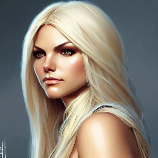 Prompt: Blonde Victoria Justice with hazel eyes as Emma Frost, western, D&D, fantasy, intricate, elegant, highly detailed, digital painting, artstation, concept art, matte, sharp focus, illustration, art by Artgerm and Greg Rutkowski and Alphonse Mucha