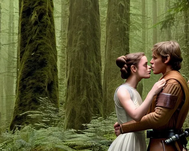 Prompt: luke skywalker, princess leia and han solo hugging and kissing in the forest of endor in a modern remake of return of the jedi