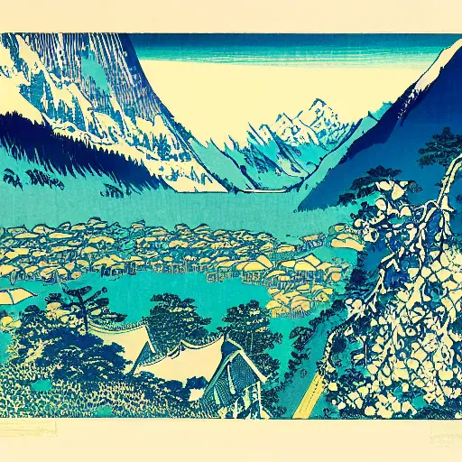 Image similar to Lauterbrunnen in the summer. woodblock print by Hokusai, masterpiece