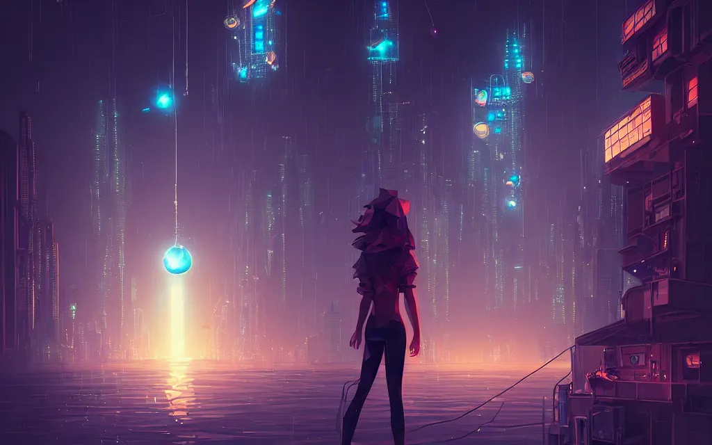 Image similar to girl staring at a meteorite hitting a floating cyberpunk city at night by wlop, low poly art, ultra detailed color art, high detail, digital art