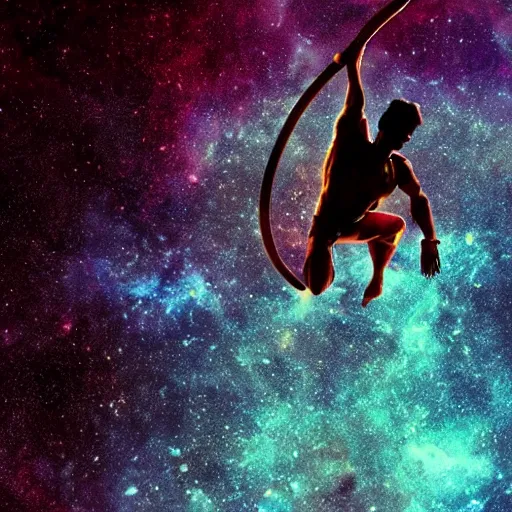 Image similar to athletic man doing a pullup using gymnastic rings, silhouette, long shot, in a cosmic nebula background, matte colors, dramatic digital art trending on artstation