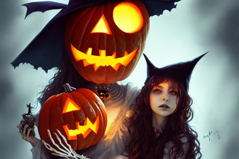 Image similar to portrait of a skeleton with a witch hat holding a jack - o - lantern, halloween night, charlie bowater, artgerm, ilya kuvshinov, krenz cushart, ruan jia, realism, ultra detailed, 8 k resolution
