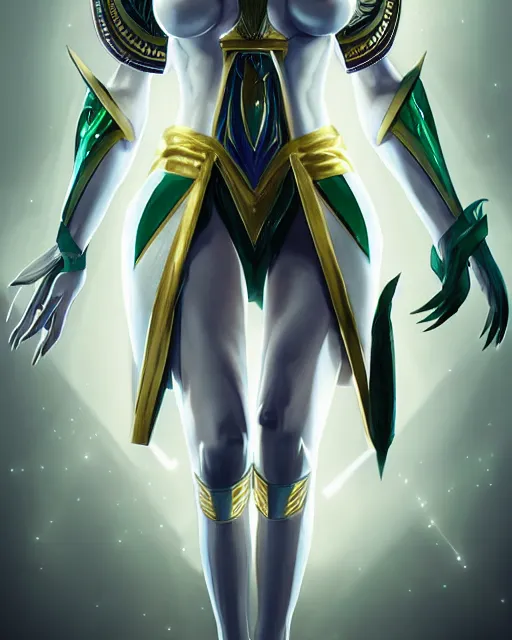 Prompt: perfect white haired attractive egyptian goddess with green eyes, warframe armor, pharaoh headdress, beautiful, symmetric, dreamy, half asian, pretty face, charlize theron, detailed, scifi platform, laboratory, experiment, 4 k, ultra realistic, epic lighting, android body, illuminated, cinematic, masterpiece, art by akihito tsukushi, voidstar