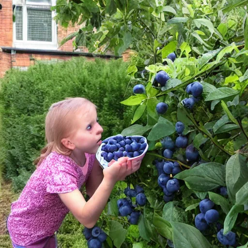 Prompt: very ugly child steals blueberries from a British garden