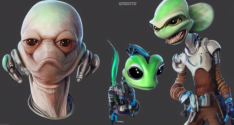 Image similar to character design portrait of alien fish scientist, 3D render, cartoon, star wars alien, ratchet and clank concept art, artstation