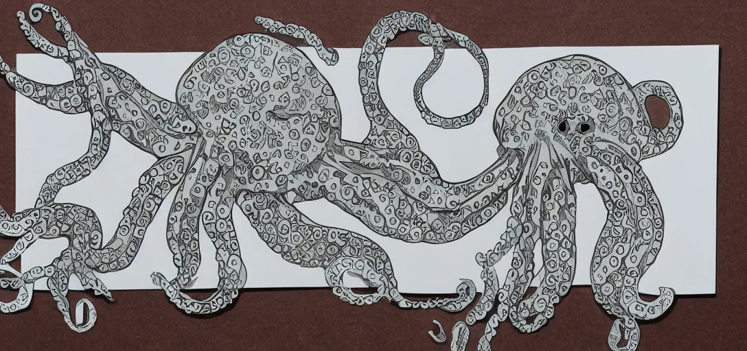 Prompt: children's book illustration of a sad octopus made of ornate paper cutouts by james gurney