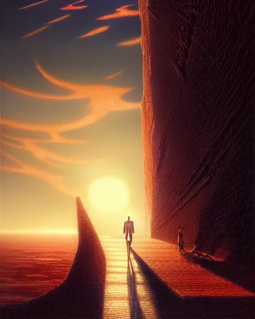 Image similar to a hyper - detailed 3 d render of walking off into the sunset, outrun sun, surrealism!!!!! surreal concept art, lifelike, photorealistic, digital painting, aesthetic, smooth, sharp focus, artstation hd, by greg rutkowski, klimt and nixeu and ian sprigger and wlop and krenz cushart,