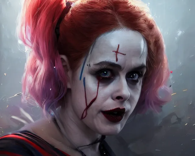 Image similar to highly detailed portrait of helena bonham carter as harley quinn, in injustice 2, stephen bliss, unreal engine, fantasy art by greg rutkowski, loish, rhads, ferdinand knab, makoto shinkai and lois van baarle, ilya kuvshinov, rossdraws, tom bagshaw, global illumination, radiant light, detailed and intricate environment