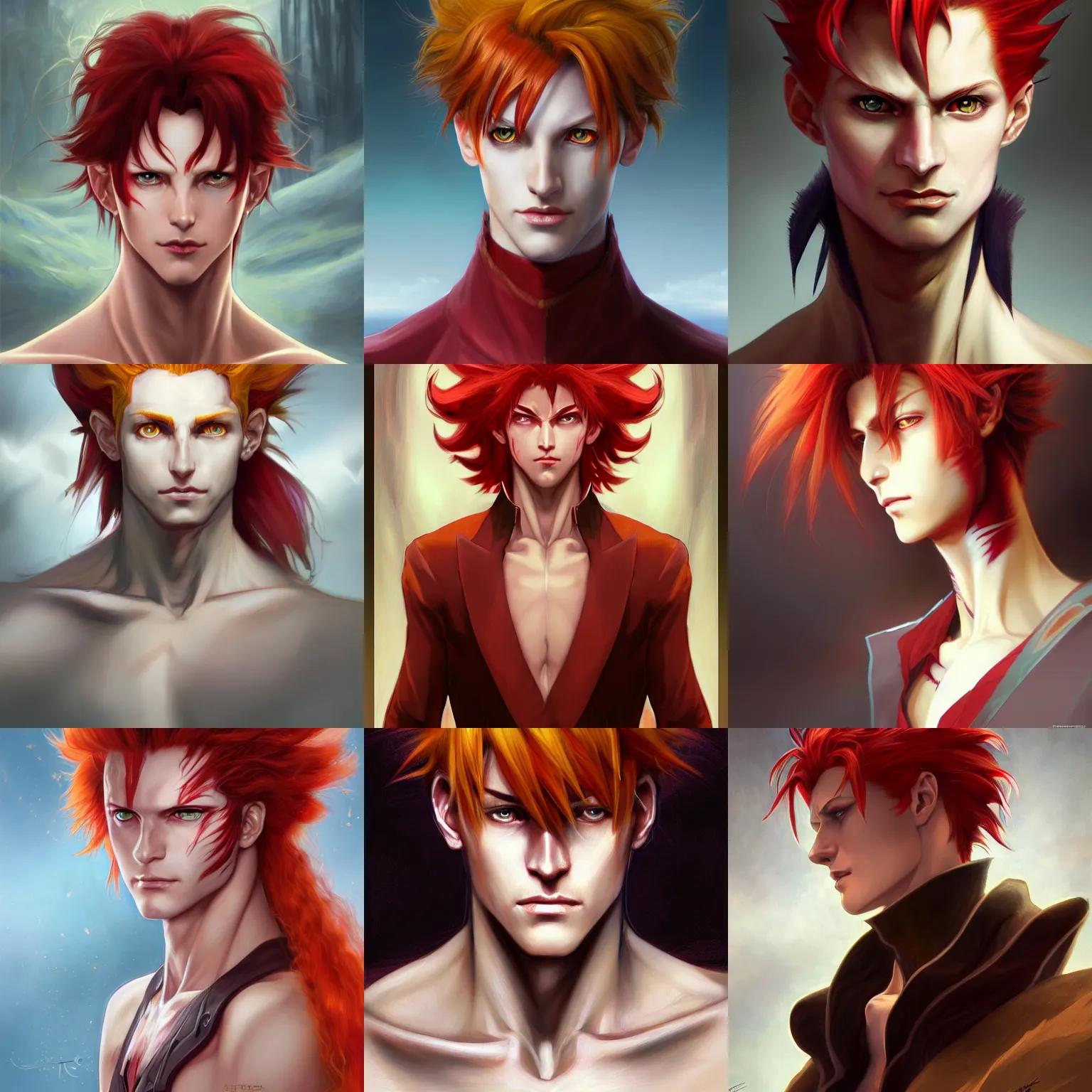 Image similar to portrait of hisoka morow hunter hunter, male, sharp jaw yellow eyes narrow sultry eyes red hair soft hair swept back crimson medium length hair, anime, fantasy, intricate, elegant, highly detailed, digital painting, artstation, concept art, matte, sharp focus, illustration, art by artgerm and greg rutkowski and alphonse mucha