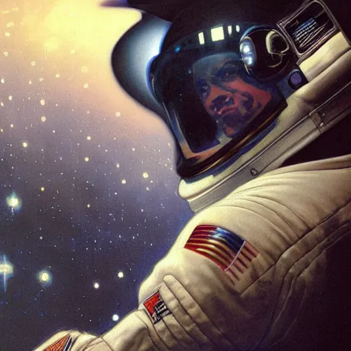 Image similar to a close up painting of an astronaut floating in space. his helmet visor is dark and reflective. you can see the reflection of the photographer in his helmet visor. by artgerm and greg rutkowski and alphonse mucha