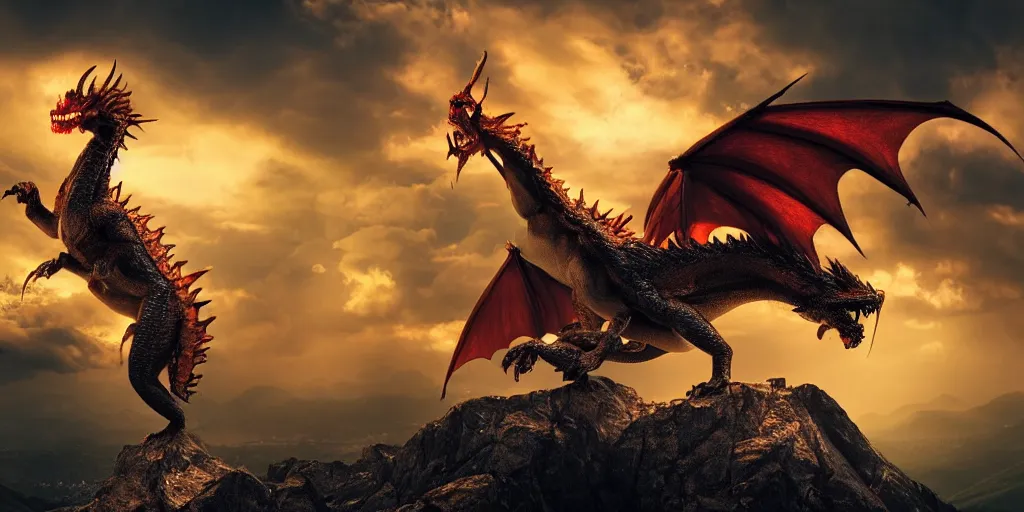 Prompt: A impressive single dragon with half open wings breathing fire and standing on the top of a mountain, epic composition, epic lighting, detailed and intricate image, cinematic, 4K